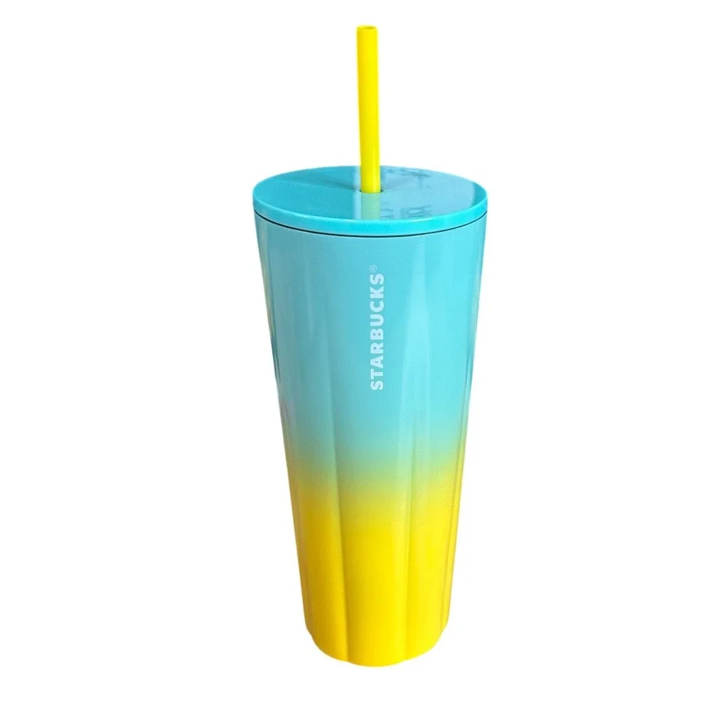 Starbucks Teal Yellow Ombre Pleated Stainless‎ Steel Cold Cup Tumbler 24oz 2020